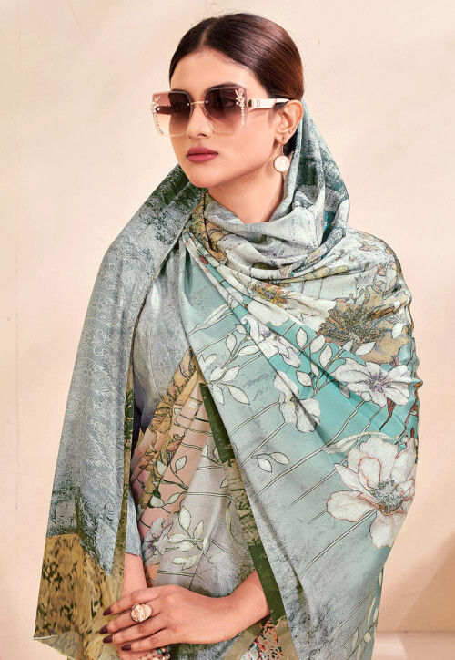 Digital Printed Crepe Silk Saree in Grey