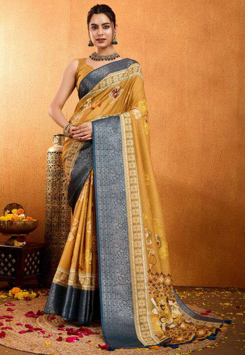 Digital Printed Crepe Silk Saree in Mustard