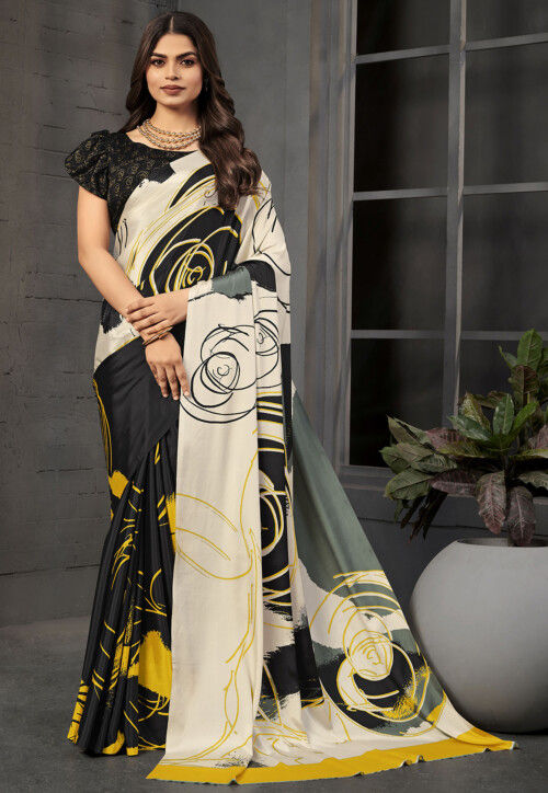 Half N Half Crepe Silk Saree in Off White