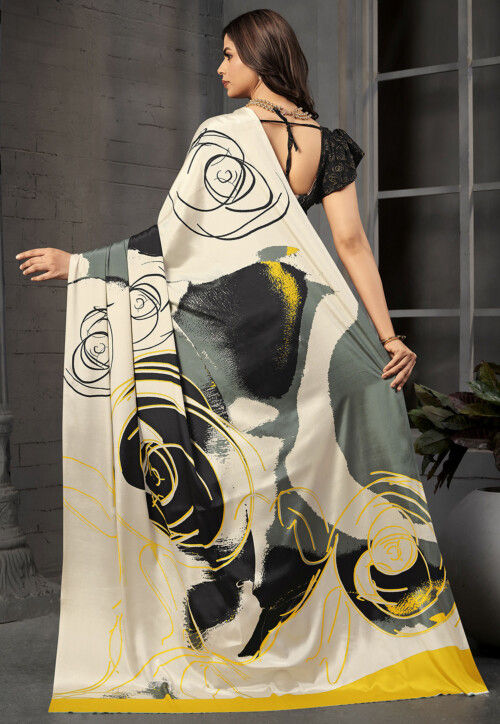 Half N Half Crepe Silk Saree in Off White