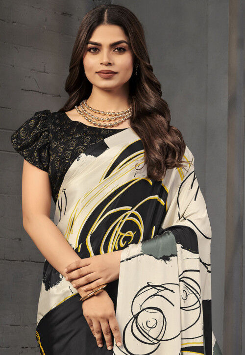 Half N Half Crepe Silk Saree in Off White