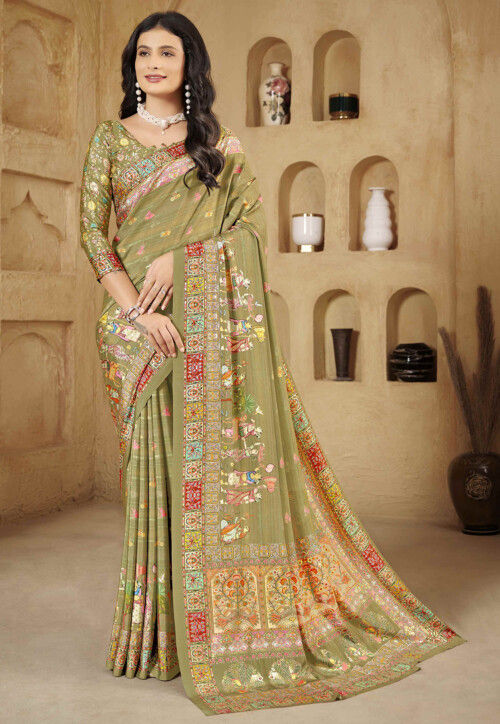 Digital Printed Crepe Silk Saree in Olive Green