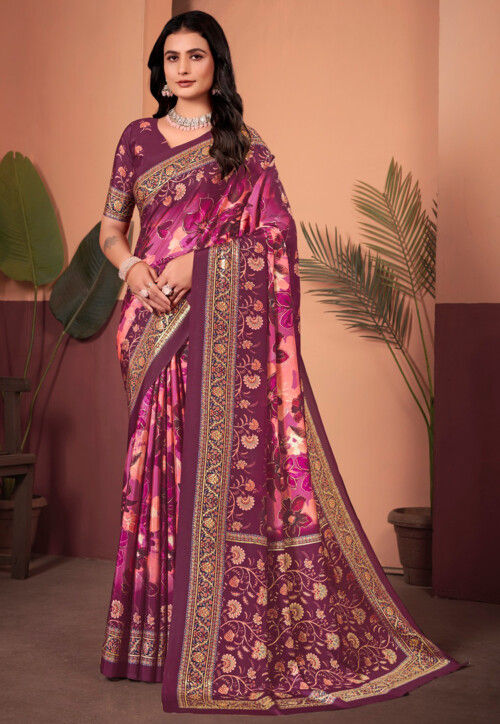 Digital Printed Crepe Silk Saree in Purple