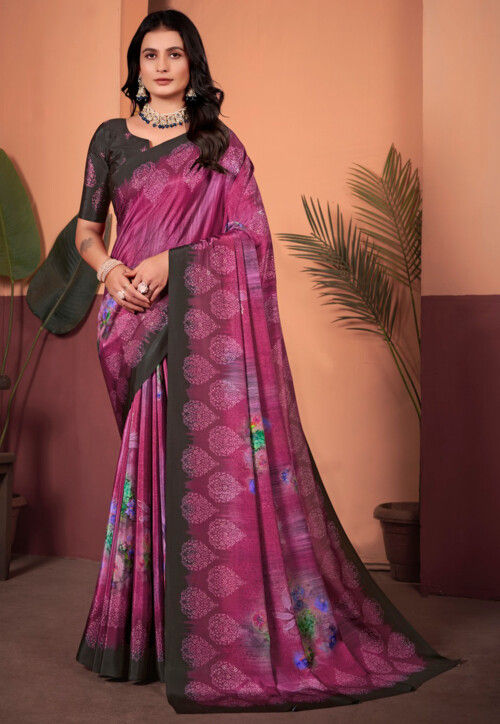 Digital Printed Crepe Silk Saree in Purple