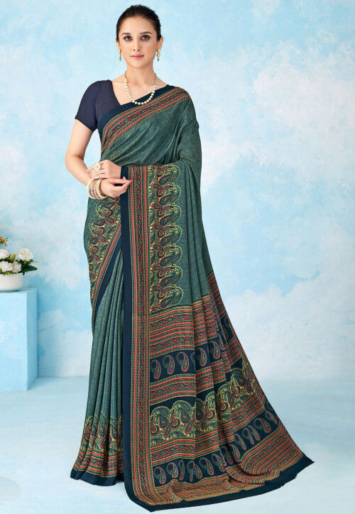 Digital Printed Crepe Silk Saree in Teal Green
