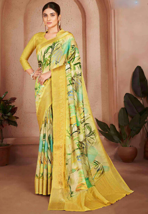 Digital Printed Crepe Silk Saree in Yellow