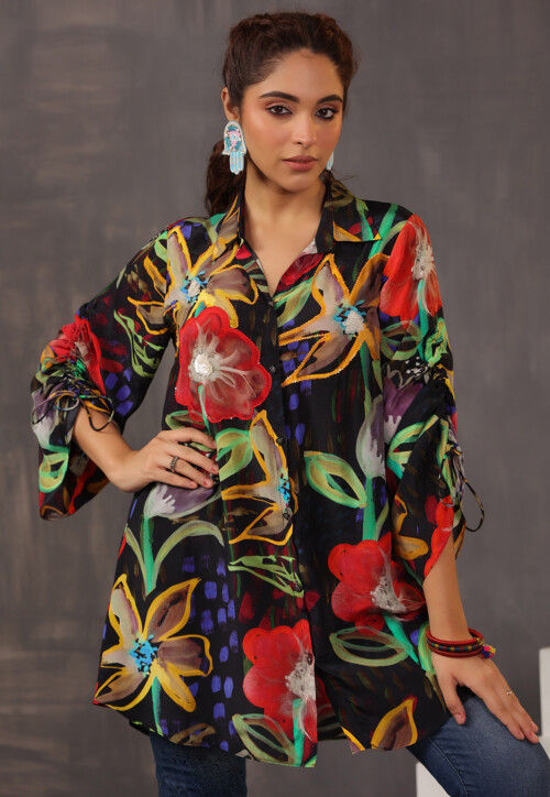 Digital Printed Crepe Top in Black