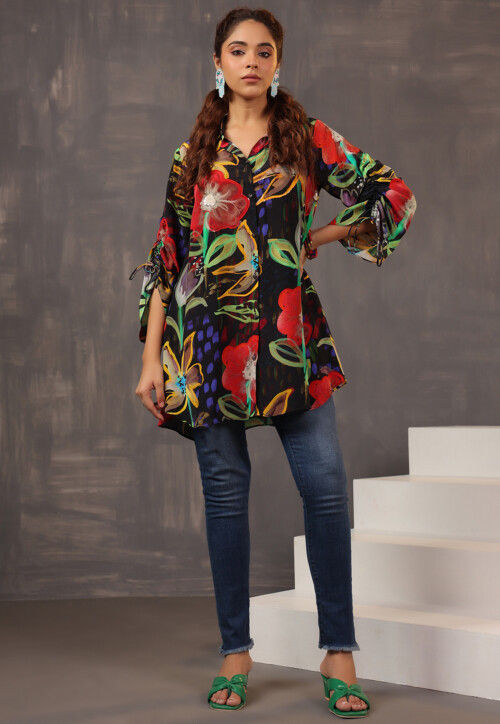 Digital Printed Crepe Top in Black