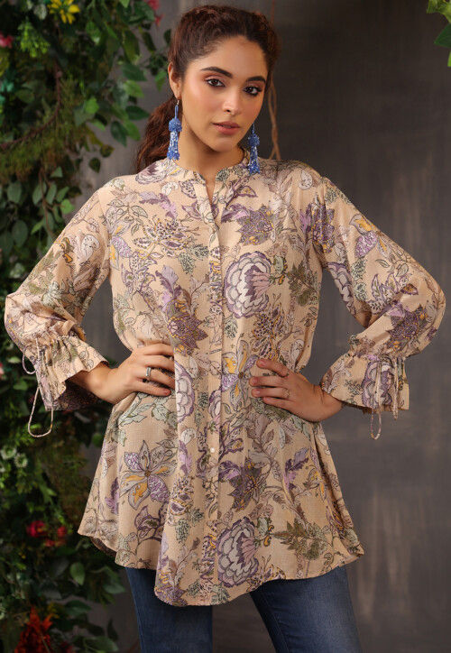 Digital Printed Crepe Tunic in Light Beige