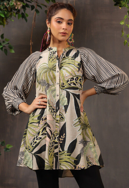 Digital Printed Crepe Tunic in Light Fawn