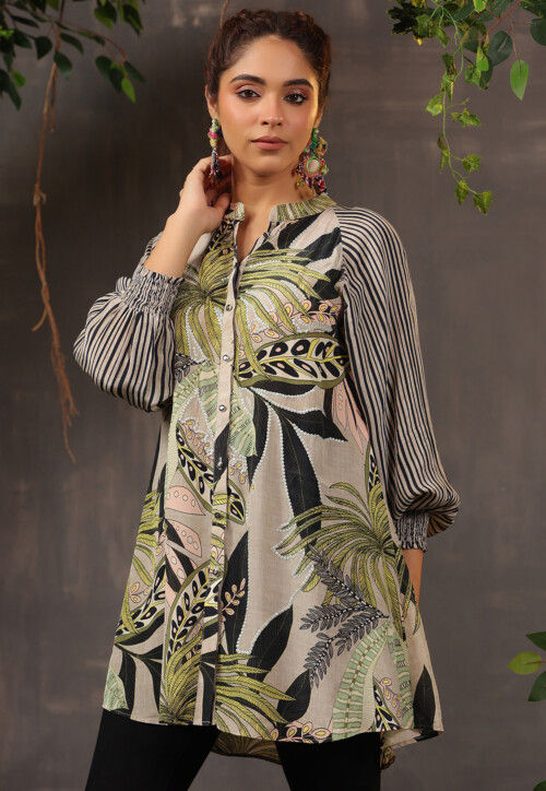 Digital Printed Crepe Tunic in Light Fawn