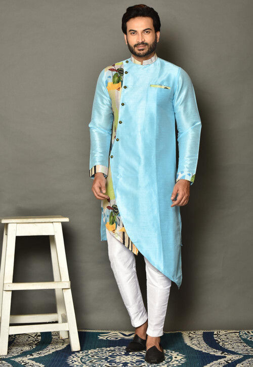 Digital Printed Dupion Silk Asymmetric Kurta Set in Sky Blue