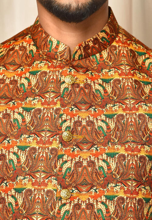 Digital Printed Dupion Silk Jacket Kurta Set in White