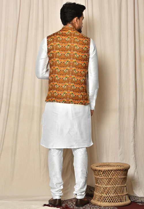 Digital Printed Dupion Silk Jacket Kurta Set in White