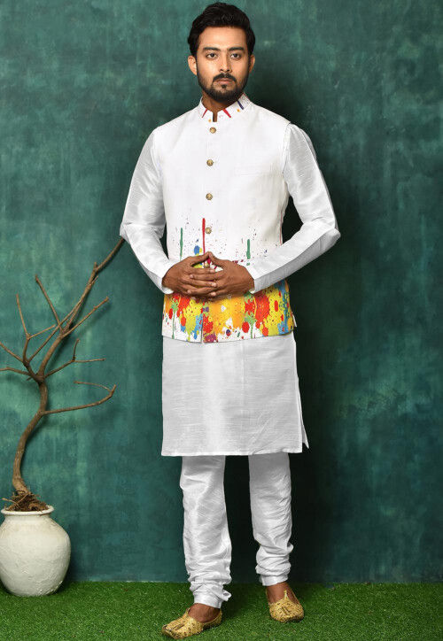 Digital Printed Dupion Silk Jacket Kurta Set in White