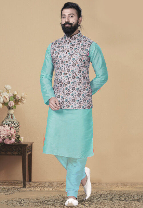 Blue Shaded Kurta Pajama with Jacket in Silk