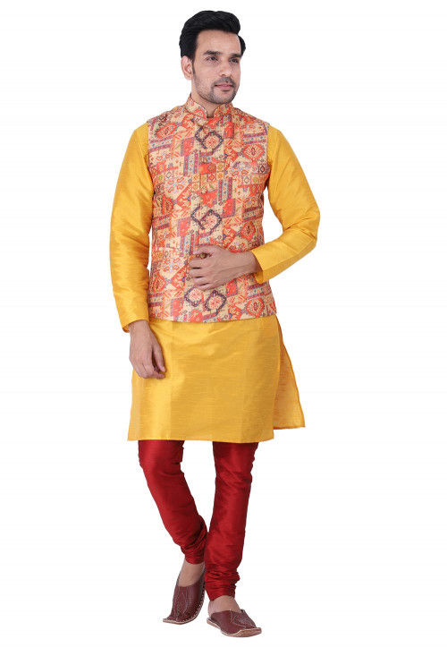 Digital Printed Dupion Silk Kurta Jacket Set in Yellow and Multicolor ...