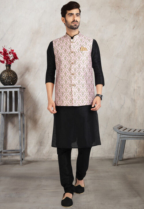 Digital Printed Dupion Silk Kurta Set in Black