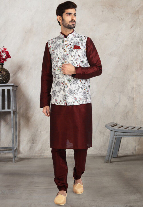 Digital Printed Dupion Silk Kurta Set in Maroon
