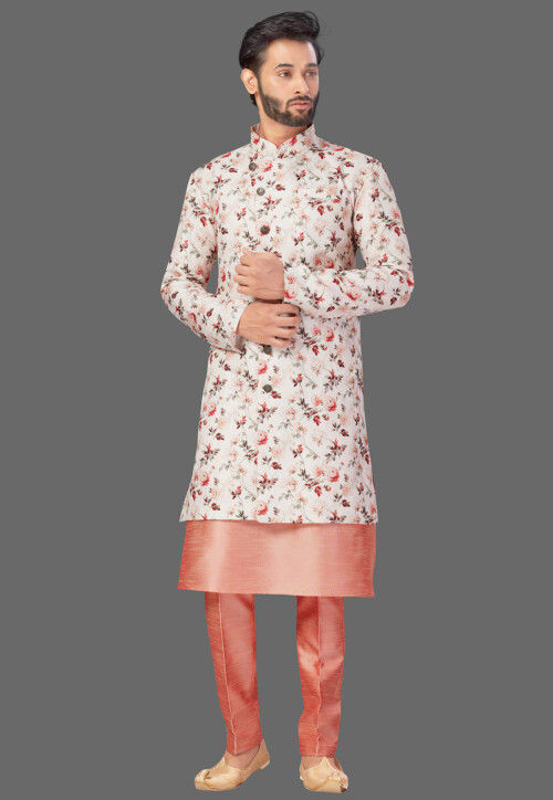 Digital Printed Art Silk Sherwani in Off White and Peach