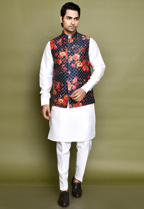 Digital Printed Dupion Silk Kurta Set in White