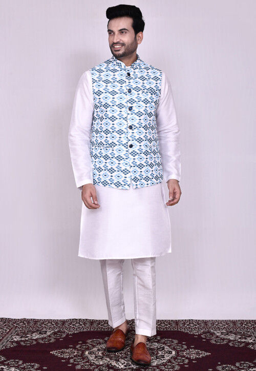 White Kurta Pajama Printed Dhupion Silk main image 0