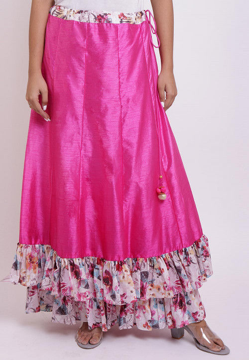 Digital Printed Dupion Silk Layered Ruffled Skirt in Fuchsia