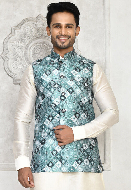 Buy Digital Printed Dupion Silk Nehru Jacket in Grey Online MLC2482 Utsav Fashion