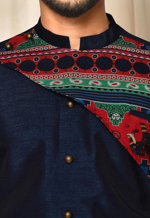 Digital Printed Dupion Silk Set in Navy Blue