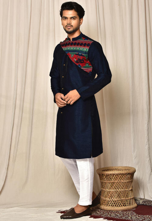 Digital Printed Dupion Silk Set in Navy Blue