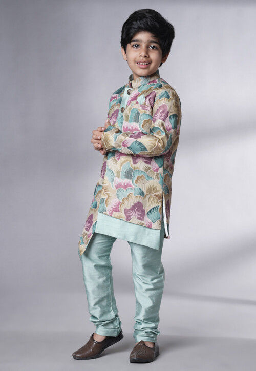 Digital Printed Dupion Silk Sherwani Set in Multicolor