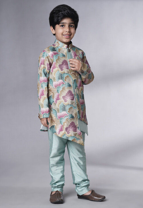 Digital Printed Dupion Silk Sherwani Set in Multicolor