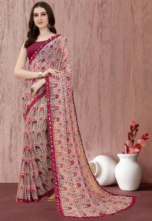 Digital Printed Georgette Saree in Peach