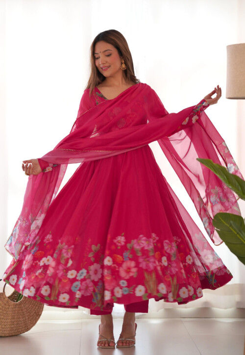 Digital Printed Georgette A Line Suit in Fuchsia
