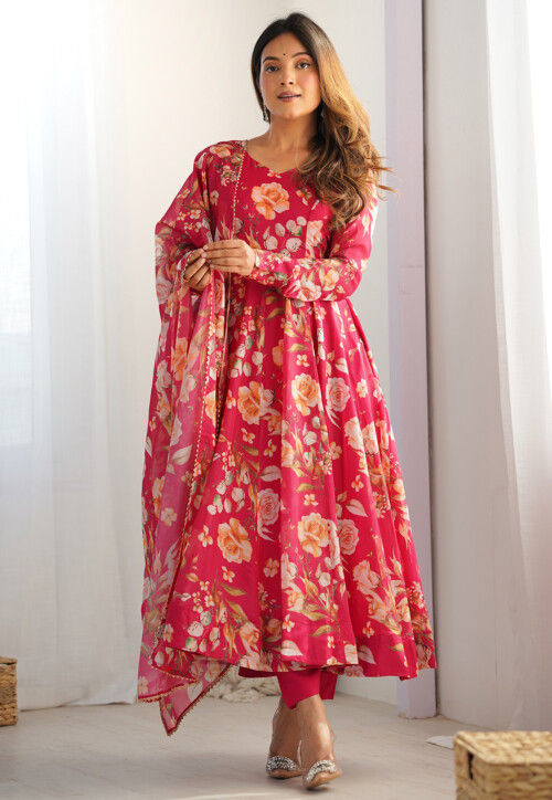 Digital Printed Georgette A Line Suit in Pink