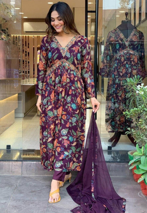 Digital Printed Georgette A Line Suit in Purple