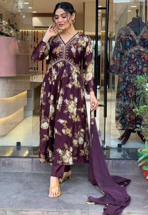 Digital Printed Georgette A Line Suit in Wine