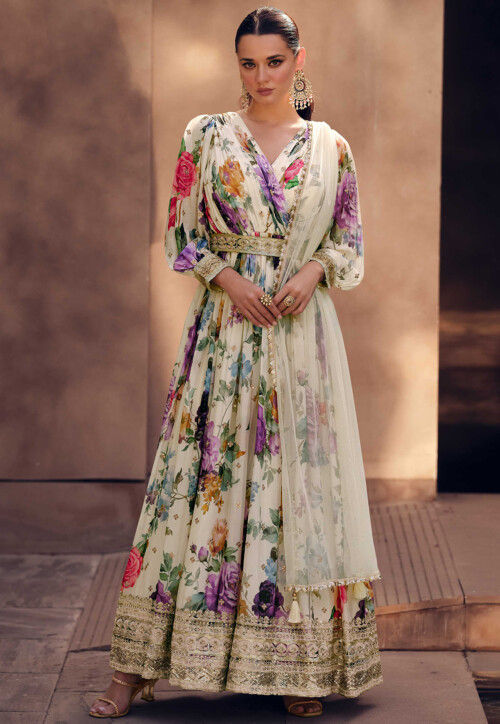 Digital Printed Georgette Abaya Style Kameez in Off White
