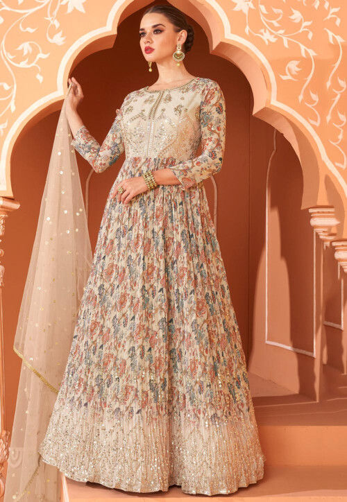 Digital Printed Georgette Abaya Style Suit in Beige