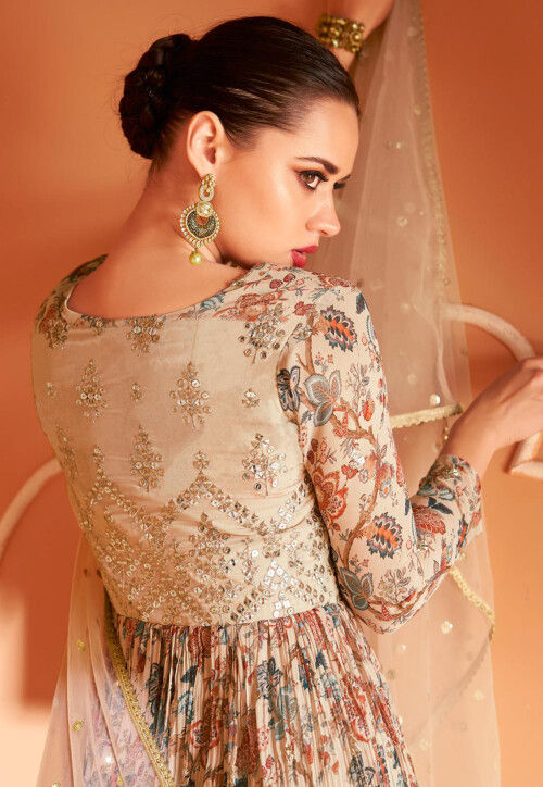 Digital Printed Georgette Abaya Style Suit in Beige