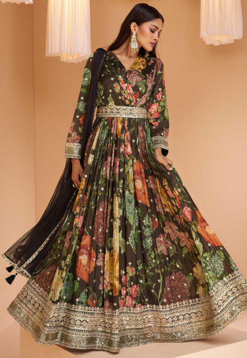 Digital Printed Georgette Abaya Style Suit in Brown