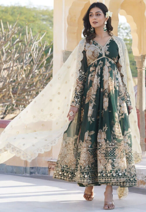 Digital Printed Georgette Abaya Style Suit in Dark Green