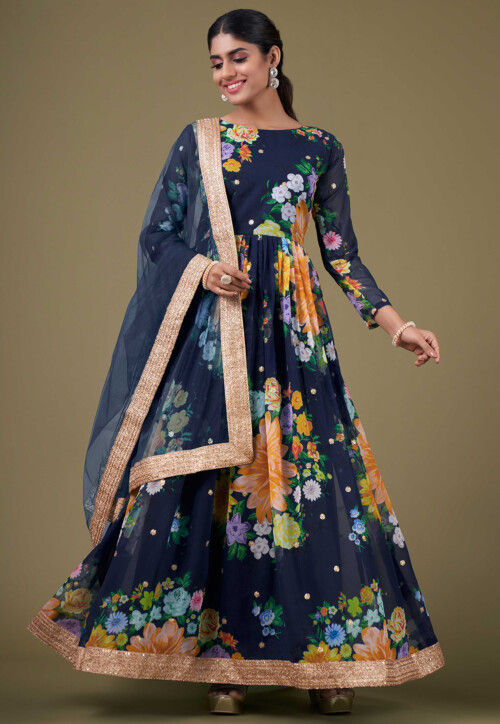 Digital Printed Georgette Abaya Style Suit in Navy Blue