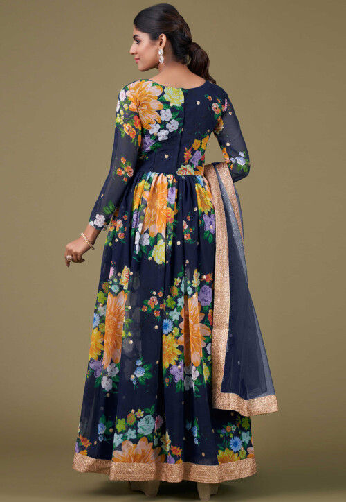 Digital Printed Georgette Abaya Style Suit in Navy Blue