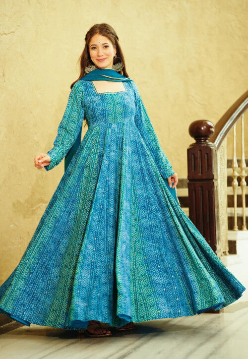 Digital Printed Georgette Abaya Style Suit in Teal Blue and Green
