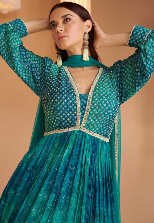 Digital Printed Georgette Abaya Style Suit in Teal Blue : KCH12207