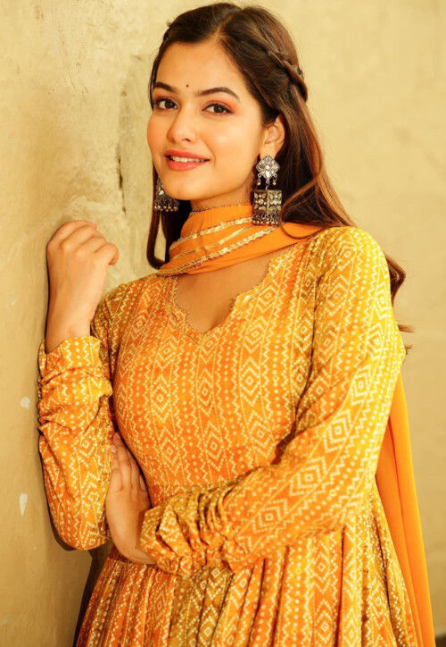 Digital Printed Georgette Abaya Style Suit in Yellow and Mustard