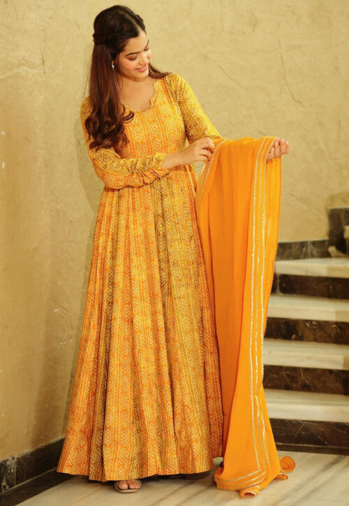 Digital Printed Georgette Abaya Style Suit in Yellow and Mustard
