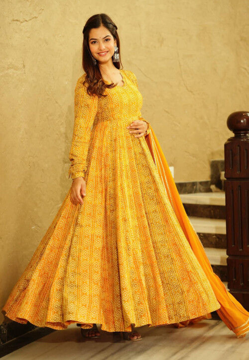 Digital Printed Georgette Abaya Style Suit in Yellow and Mustard