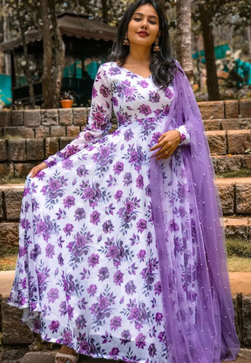 Digital Printed Georgette Anarkali Suit in Off White